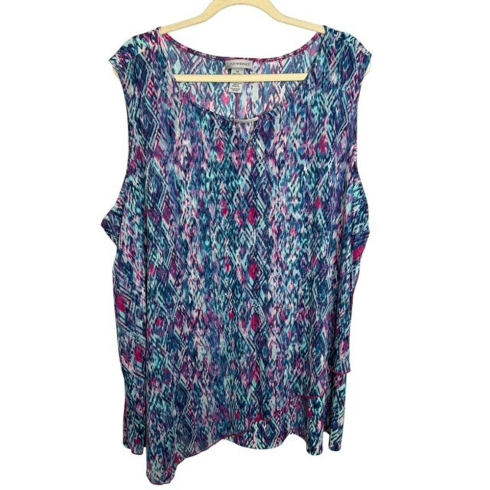 Catherines Tank Top Blouse Womens 3X Blue Pink Ikat Geometric Sleeveless Layered